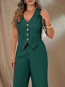 Conjunto de top de chaleco y pantalones de mujer talla grande elegante y romántico en color rosa con cuello en V, conjunto de ropa de cumpleaños para primavera/verano para mujer, conjunto de monos elegantes, traje formal de negocios elegante para - Verde - Ver 4