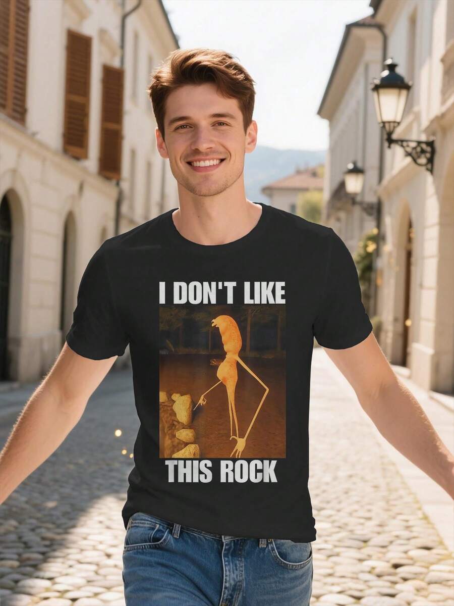 Marcus Worm's Funny "I Don't Like This Rock" Music Parody T-Shirt - Oversized White Casual T-Shirt With Iconic Worm Print And Rock Song Lyrics, Loose Fit Short Sleeve Crew Neck T-Shirt For Casual Wear, Men's T-Shirts In White And Available, Fabric Of - 黑色 - 查看 1