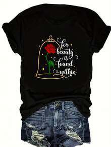 Fashionable Short-Sleeved Plus-Size T-Shirt With Round Neck And Letter And Flower Print. - Black - View 5