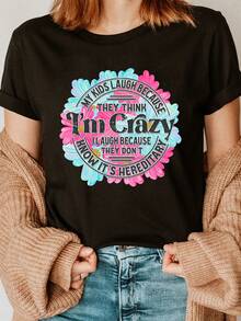 Short-Sleeved T-Shirt With Round Neck And Floral Print, Suitable For Casual Wear In Summer And Spring, Women's Clothing - Unisex Loose Cotton T-Shirt With Round Neck And Short Sleeve Urban Vintage Style. - 黑色 - 查看 1
