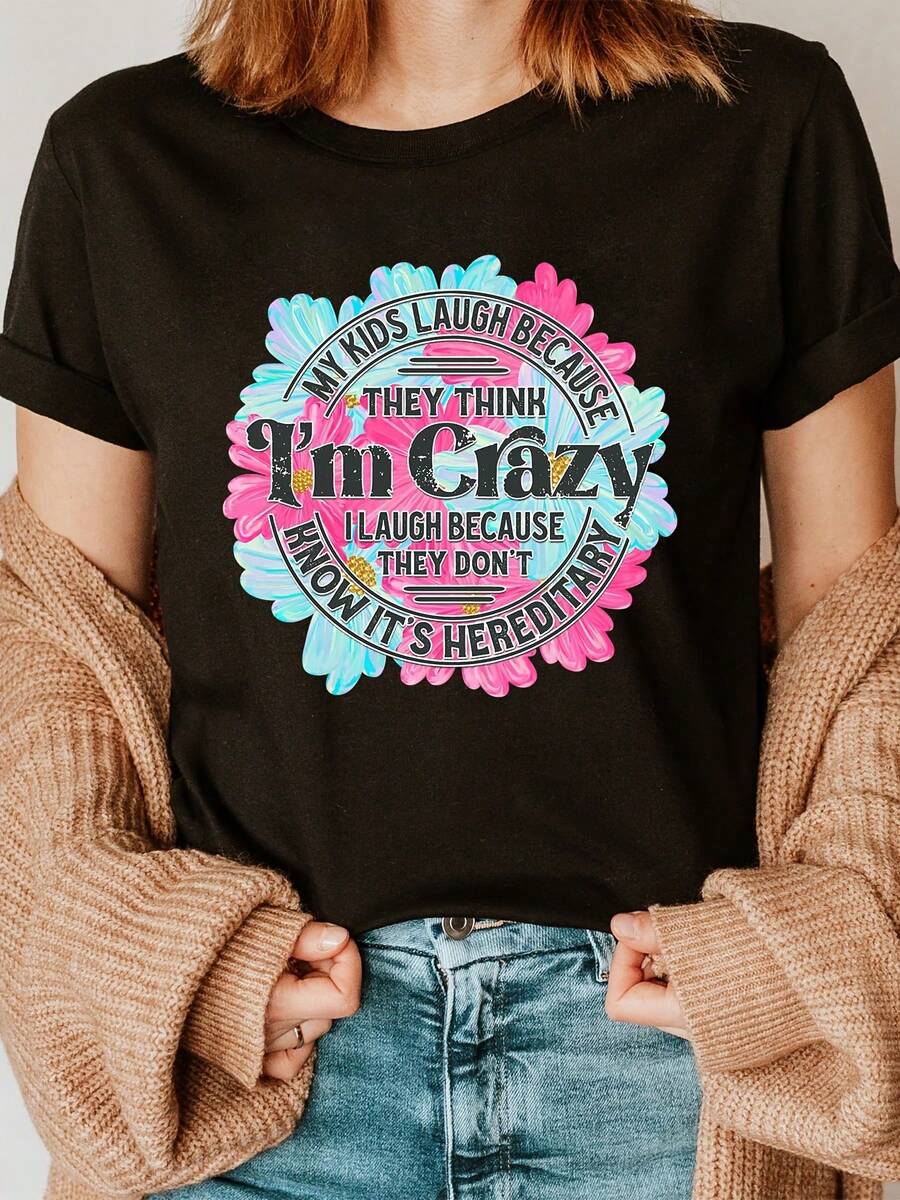 Short-Sleeved T-Shirt With Round Neck And Floral Print, Suitable For Casual Wear In Summer And Spring, Women's Clothing - Unisex Loose Cotton T-Shirt With Round Neck And Short Sleeve Urban Vintage Style. - 黑色 - 查看 1