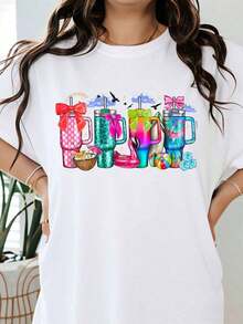Camiseta Gráfica con Diseño de Vaso Colorido y Vibraciones de Verano para Mujer, Corte Holgado Casual, Ideal para Fiestas en la Playa, Camiseta con Estampado Divertido de Vasos - Blanco - Ver 6