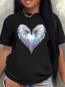 Polyester Short-Sleeved T-Shirt, Decorated With An Angel Wing And Heart Design, Lightweight And Durable, Suitable For Home, Cafes, Or Casual Outdoor Wear. Soft And Comfortable Fabric, Stylish Print Design, Versatile For Everyday Wear. Women's Shirts - 黑色 - 查看 7