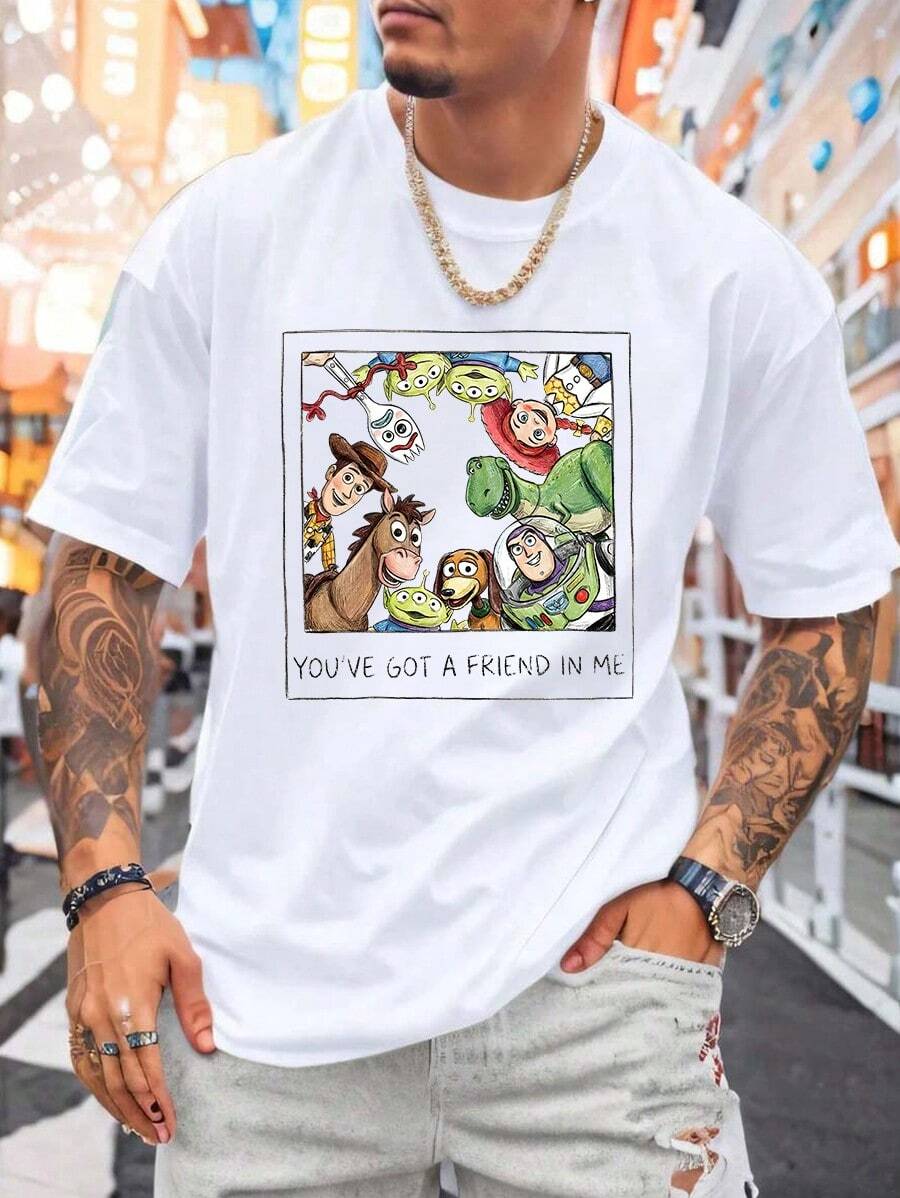 Disney *Toy Story* Men's Summer "Best Buds" Sketch Print T-Shirt - Casual Street Style, Crafted From Ultra-Soft, Lightweight Fabric; Perfect For Casual Hangouts And Movie Nights. - trắng - Xem 1
