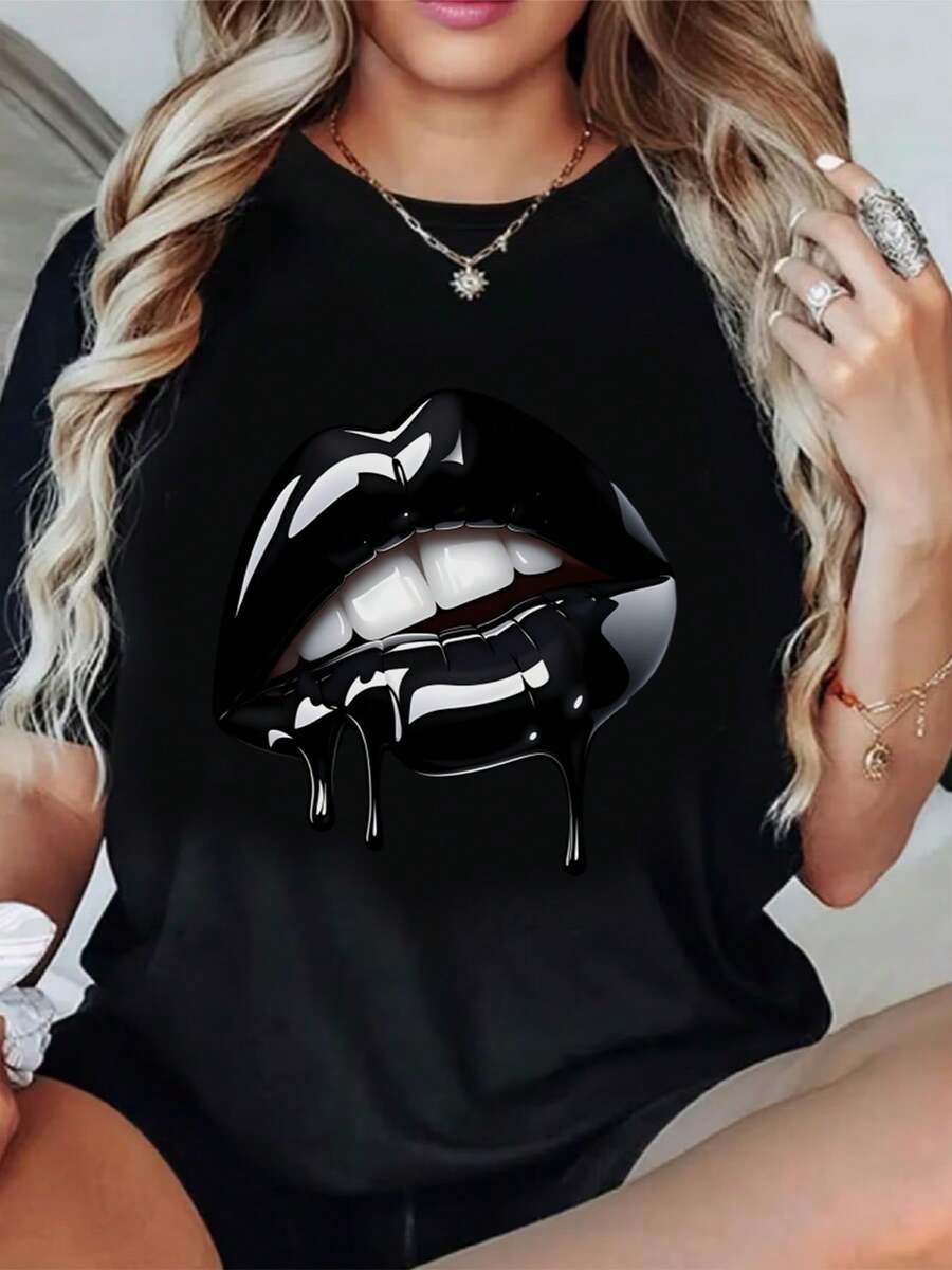 Plus Size - Plus Size - Glossy Black And White Lips Graphic T-Shirt - Eye-Catching Black T-Shirt For Women - Casual Short Sleeve Slim Fit Graphic Tee With Glossy Lips And Melting And Dripping Shapes Design, Unique And Stylish, Women's Clothing In Three Colors - 黑色 - 查看 1