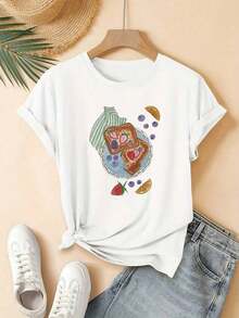 Women's Strawberry Cake Print Crew Neck T-Shirt - Cute Casual Summer Blouse With Strawberry And Toast Graphics For Casual Outfits, Machine Washable, Gift For Women - 黑色 - 查看 7