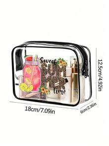 1pc Black PVC Transparent Makeup Organizer Bag, Printed With "Sweet Summer Time" Letter Pattern And Pink Soda Pattern, Premium Quality Durable, Waterproof And Stain-Resistant, Easy To Wipe Clean - Multicolor - View 11