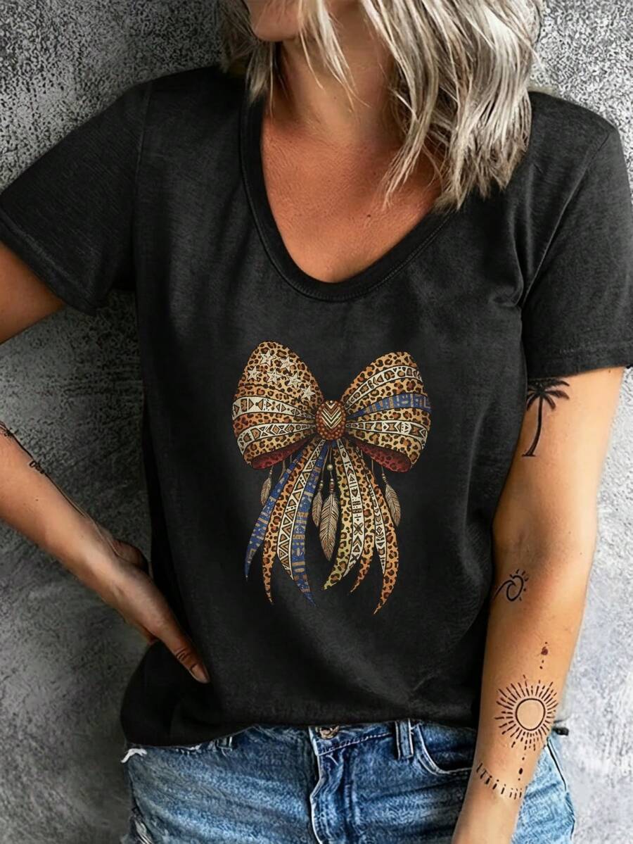 Women's Mexican Summer Fashion T-Shirt, Women's Short Sleeve Fashion T-Shirt, Comfortable And Breathable, For Fitness, Leisure Travel, Bow And Leopard Print, Cotton T-Shirt, Summer Fashion - 黑色 - 查看 1