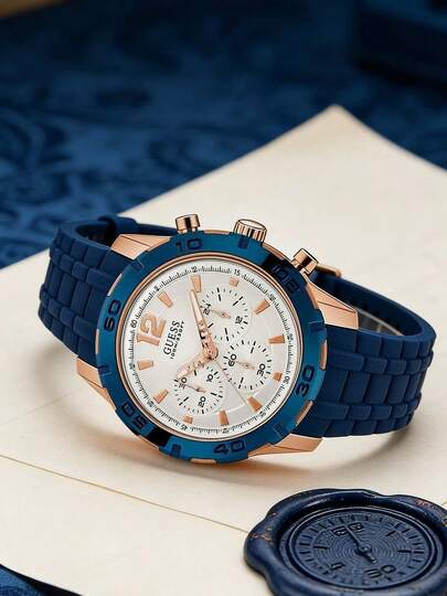 Guess Men's Quartz Watch, Stainless Steel Case, Silicone Leather Strap, Casual Business Wristwatch, Ideal Gift For Him, Birthday, Holiday, Daily Wear And Party W0864G5