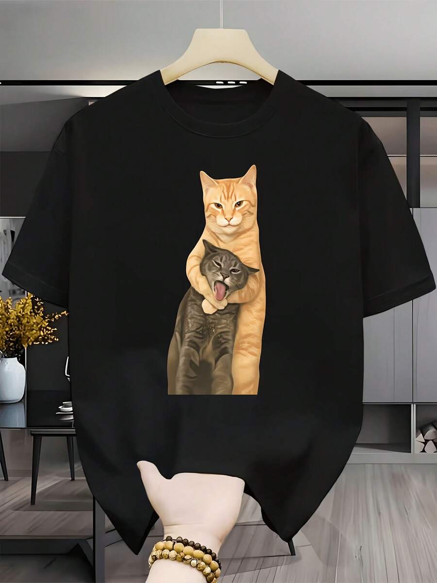 Men's Classic Breathable T-Shirt With Cat Hugging A Kitten Print - Casual Short Sleeve Crew Neck T-Shirt For Cat Lovers, Summer And Casual Wear, Suitable As A Gift For Pet Owners, Gym Workout Clothes, Summer T-Shirt - 黑色 - 查看 1