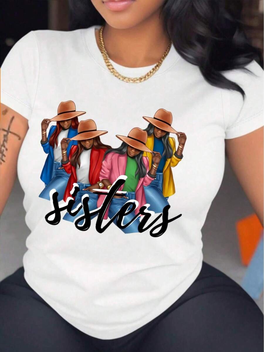 Black Letter Pattern Denim Figure Print Crew Neck T-Shirt - Casual Short Sleeve Top For Spring & Summer - Women's Clothing - White - View 1