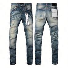 Men Purple Jeans Slim Fit Skinny Heavy Duty High Street Fashion Straight Leg Casual Pants  Versatile Minimalist - 藍色 - 查看 2