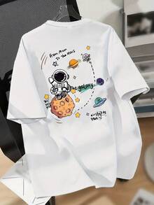 Men's Plus Size T-Shirt, Casual Short Sleeve T-Shirt, Original Space-Themed Print, Mars Astronaut Design, Colorful Cartoon-Style Spaceship And Galaxy Lettering, Loose Fit, Ideal For Summer And Suitable For All Seasons. - 白色 - 查看 7