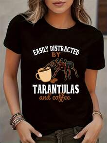 Lightweight And Breathable T-Shirt With Coffee Lover Print, Round Neck, Regular Fit, Short Sleeve, All-Season Top, Ideal For Combining In Spring And Autumn. - 黑色 - View 1