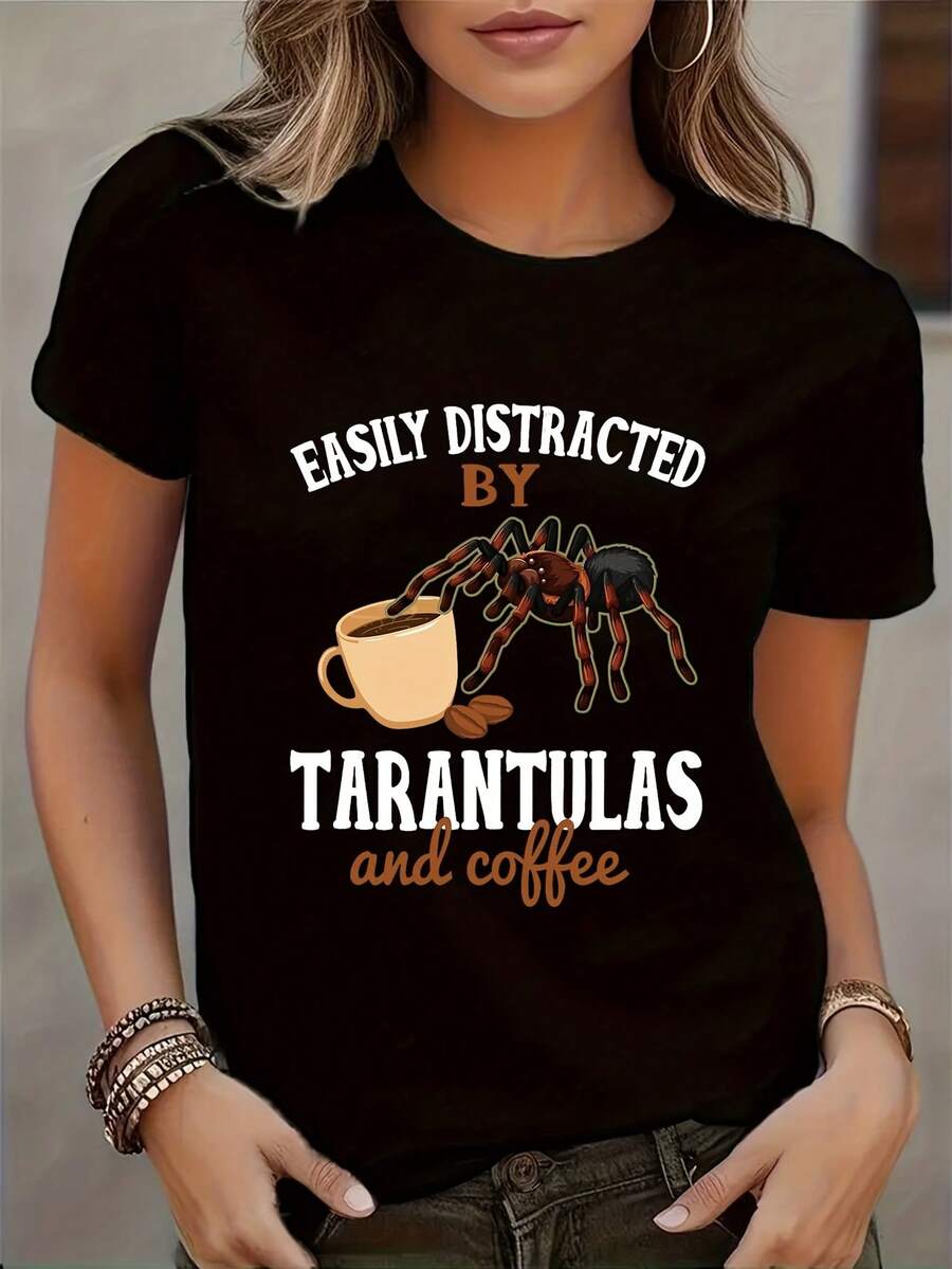 Lightweight And Breathable T-Shirt With Coffee Lover Print, Round Neck, Regular Fit, Short Sleeve, All-Season Top, Ideal For Combining In Spring And Autumn. - 黑色 - View 1