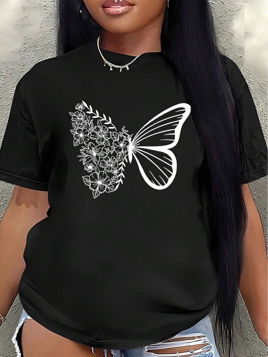 Lightweight And Durable Short-Sleeved T-Shirt, Designed With A Butterfly And Flower Print, Perfect For Lounging At Home, Restaurants, Or Outdoor Activities. Women's Blouses > Clothing - 黑色 - 查看 1
