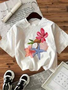 1 Piece Of Women's Clothing, White T-Shirt With Starfish, Flower And Shell Print, Unisex Casual Round Neck T-Shirt, Lightweight Fine Knit Fabric, Machine Washable, For Spring/Summer/Autumn, Suitable For Valentine's Day/Mother's Day/Easter, 180g, 100% Cotton. - 白色 - 查看 8