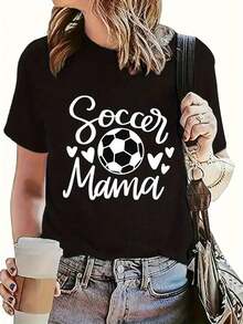 1 Piece Of Fashionable Women's Sports T-Shirt, With Creative English Football Cartoon Print, Round Neck, Short Sleeve, Comfortable, 180g, 100% Cotton. - 黑色 - 查看 2