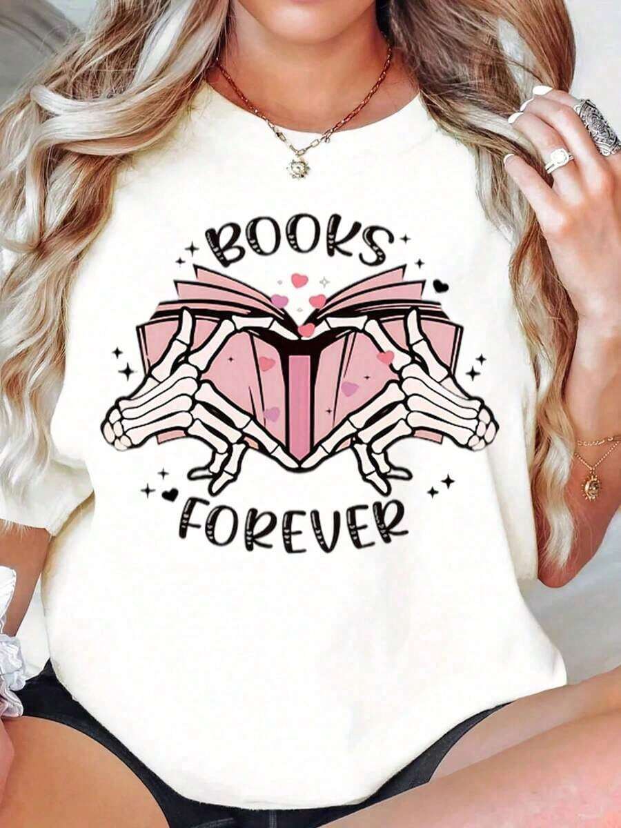 Camiseta para Mujer "Books Forever" con Diseño de Manos de Esqueleto y Corazón, para Amantes de los Libros, Regalo de Lectura, Disfraz de Halloween, Talla Grande, Camisetas de Moda - Blanco - Ver 1