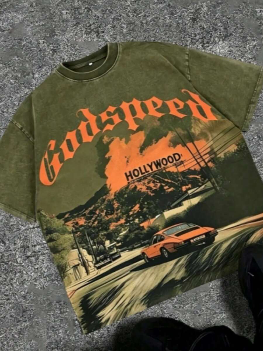Break The SystemMen's Washed Vintage Crewneck T-Shirt, 100% Cotton 180GSM, Godspeed Highway Car Print, Retro Faded Style, American Streetwear, - 軍綠色 - 查看 1