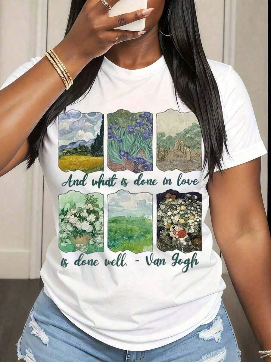 Camiseta de manga corta para mujer con estampado gráfico de arte de Van Gogh, paisaje, flores y citas, estilo casual de verano para uso diario - Estilo vintage urbano, unisex, holgada, de algodón, con cuello redondo y manga corta. - Blanco - Ver 1
