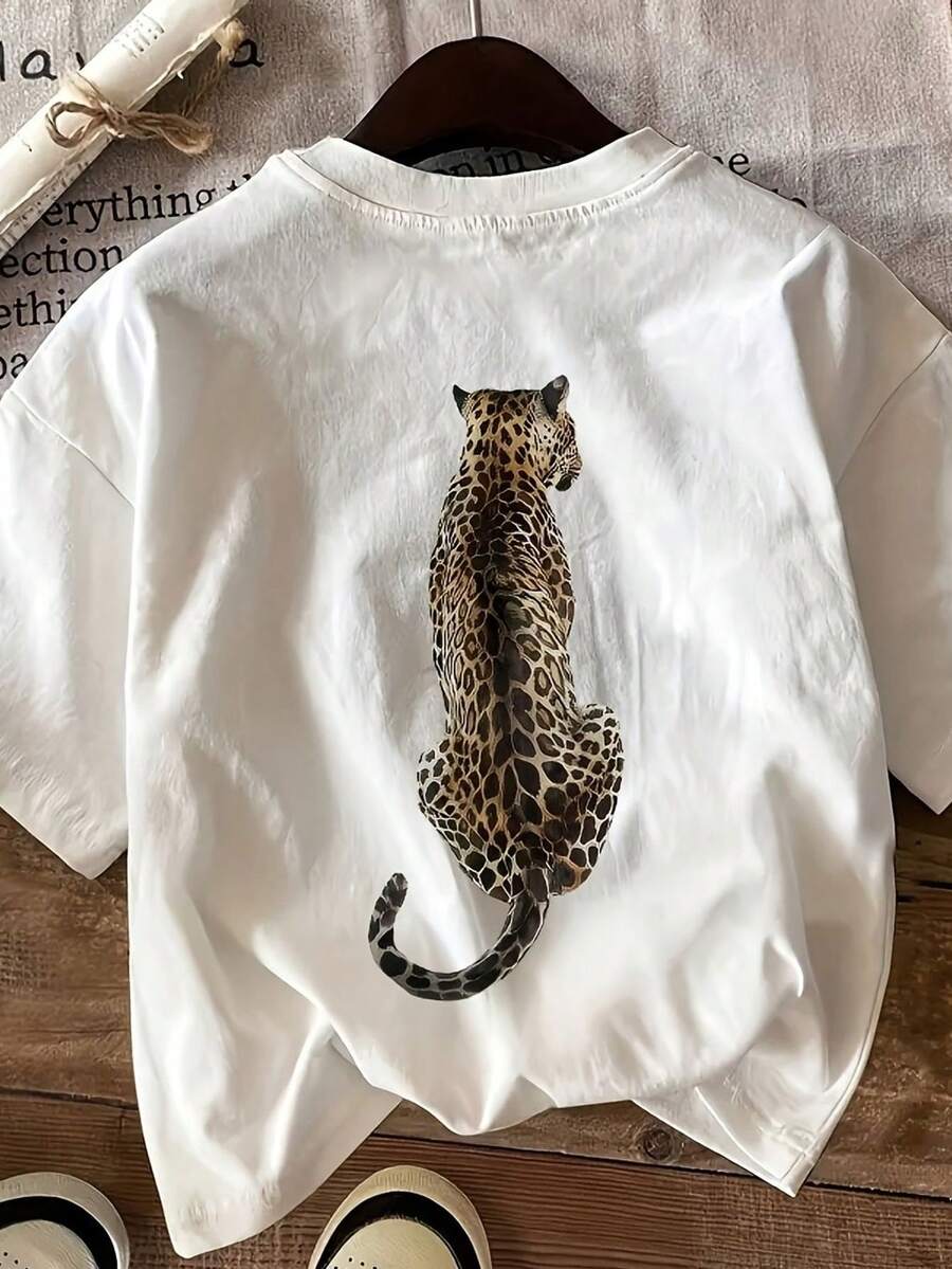 Women's Casual Sporty Short Sleeve Leopard Print Crew Neck T-Shirt - 白色 - 查看 1