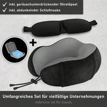 Nackenkissen – Ein ergonomisches Reisekissen mit verstellbarem Band, das Nacken und Kopf stützt. Inklusive weicher Schlafmaske. Ideal für Nickerchen oder lange Autofahrten, ob im Flugzeug, Zug, zu Hause oder im Büro. - Schwarz - Übersicht 1
