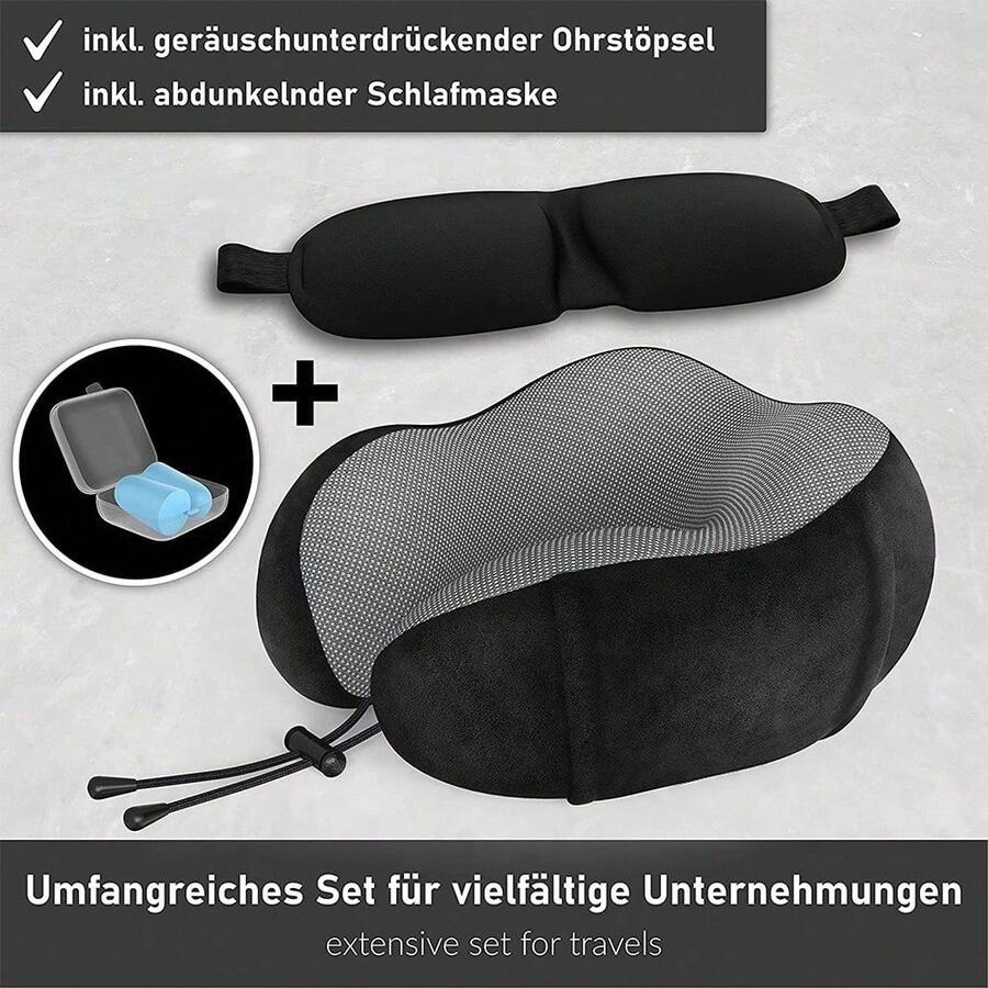 Nackenkissen – Ein ergonomisches Reisekissen mit verstellbarem Band, das Nacken und Kopf stützt. Inklusive weicher Schlafmaske. Ideal für Nickerchen oder lange Autofahrten, ob im Flugzeug, Zug, zu Hause oder im Büro. - Schwarz - Übersicht 1