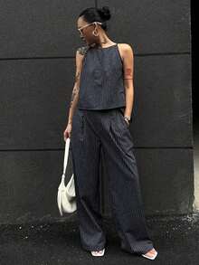 Conjunto de 2 piezas de top de tirantes finos a rayas y pantalones para mujer, conjunto de prendas de estar en casa para mujer - Azul marino 2 - Ver 1