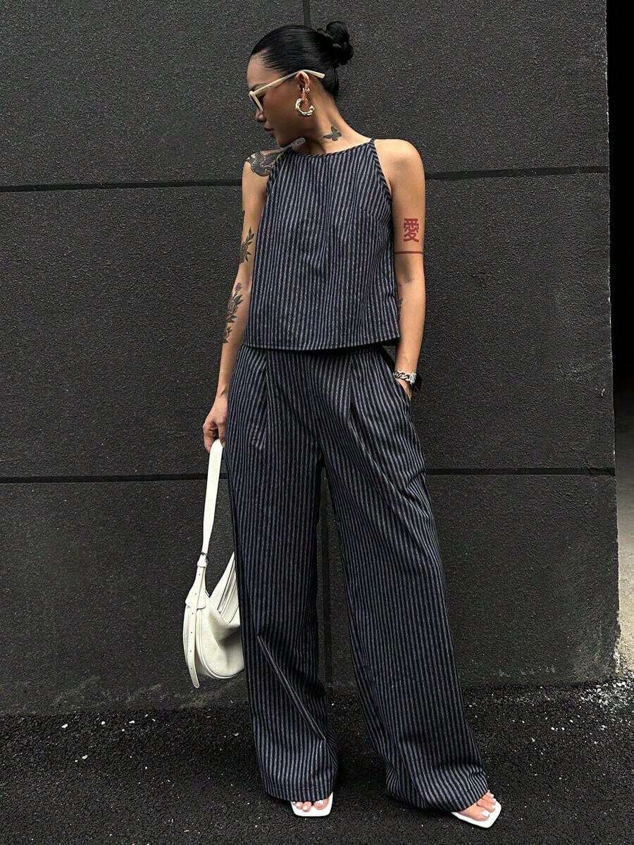 Conjunto de 2 piezas de top de tirantes finos a rayas y pantalones para mujer, conjunto de prendas de estar en casa para mujer - Azul marino 2 - Ver 1