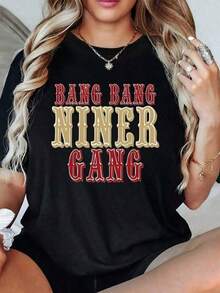 1 Piece Women's Casual T-Shirt Bang Bang Niner Gang 100% Cotton, Vintage Style With Digital Print, Short Sleeve, Loose Fit, Summer Top 180g 100% Cotton, All Patterns Are Printed. Unisex. 180g 100% Cotton - 黑色 - 查看 8
