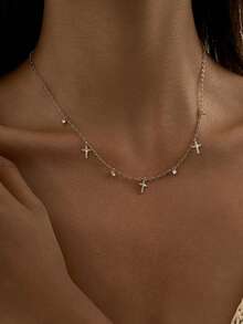 Nooxian 1pc Women's Necklace, Layered Delicate Copper Inlaid Zirconia Cross Mini Zirconia Pendant Tassel Choker Necklace, Daily Wear & Party Accessory Gift - Yellow Gold - View 3