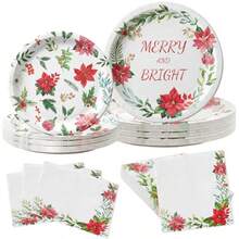 Juego de vajilla desechable de 150 platos y servilletas de papel de Navidad para 50 unidades diseño de pascua vajilla floral feliz y brillante para fiestas de Navidad - rojo - Ver 9