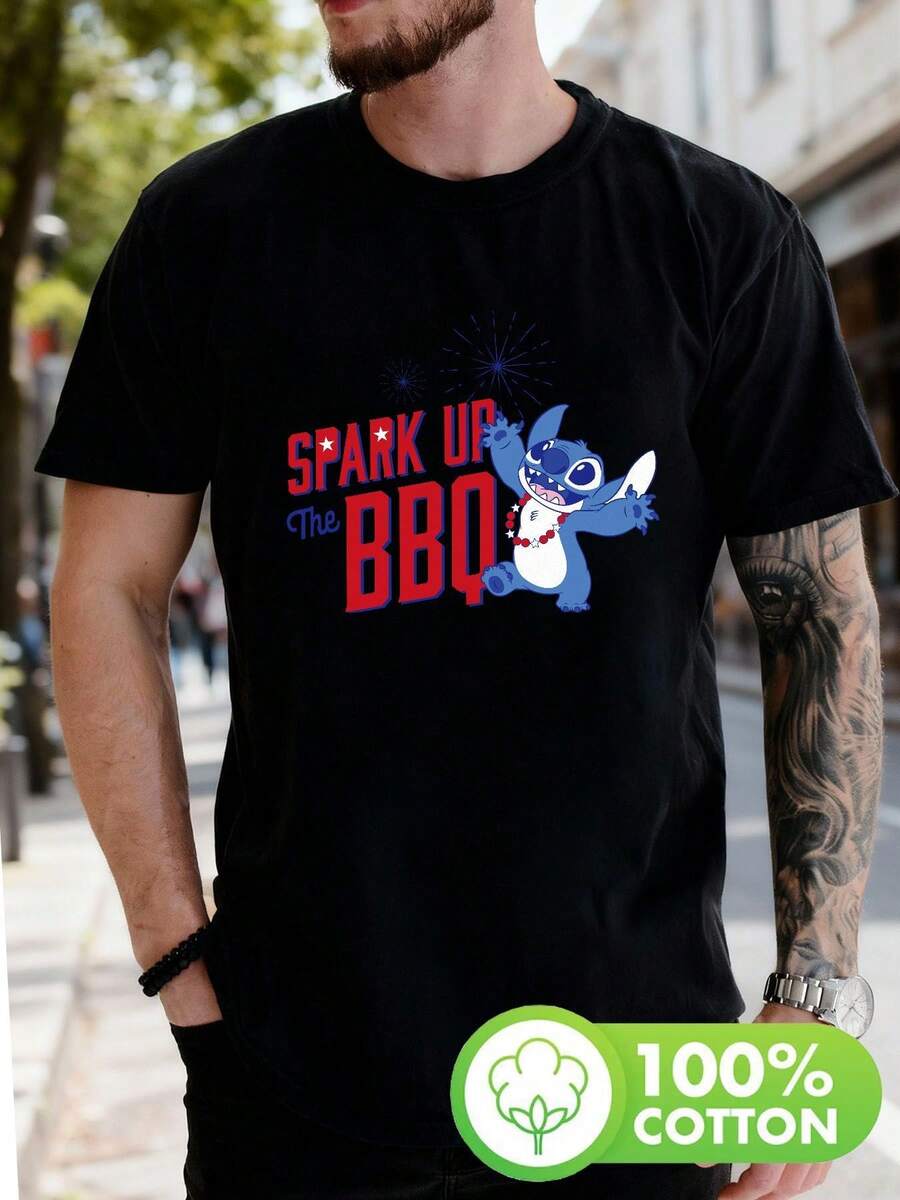 Disney Lilo & Stitch "Spark Up The BBQ" Patriotic Graphic PrintMen's Short-Sleeved T-Shirt With Zootopia 2 Design. Crew Neck, Casual And Comfortable, Breathable And Lightweight, Suitable For Sports And Casual Wear. - Black - View 1