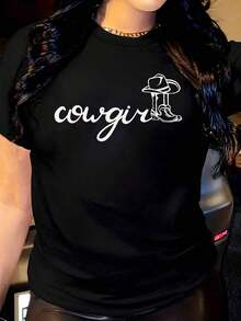 Women's Clothing: Women's T-Shirt With Graphic Denim Print, Round Neck, Short Sleeves, Comfortable For Everyday Wear, Perfect For Western Style Outfits And Daily Activities, Women's Shirts - 黑色 - 查看 1