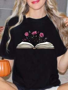 Women's Pure Cotton Crew Neck T-Shirt With A Floral And Open Book Design, Ideal For Book Lovers And Bookworms. A Perfect Gift For Her On Summer Outings, This Fashion-Inspired Print Is For Adults And Commemorates The 250th Anniversary Of The United States. - 黑色 - 查看 1
