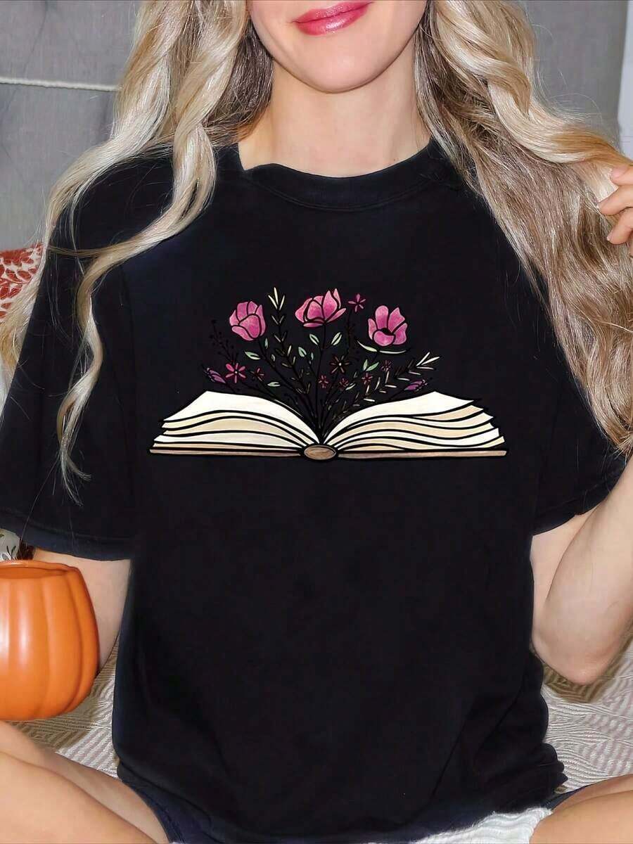 Women's Pure Cotton Crew Neck T-Shirt With A Floral And Open Book Design, Ideal For Book Lovers And Bookworms. A Perfect Gift For Her On Summer Outings, This Fashion-Inspired Print Is For Adults And Commemorates The 250th Anniversary Of The United States. - 黑色 - 查看 1