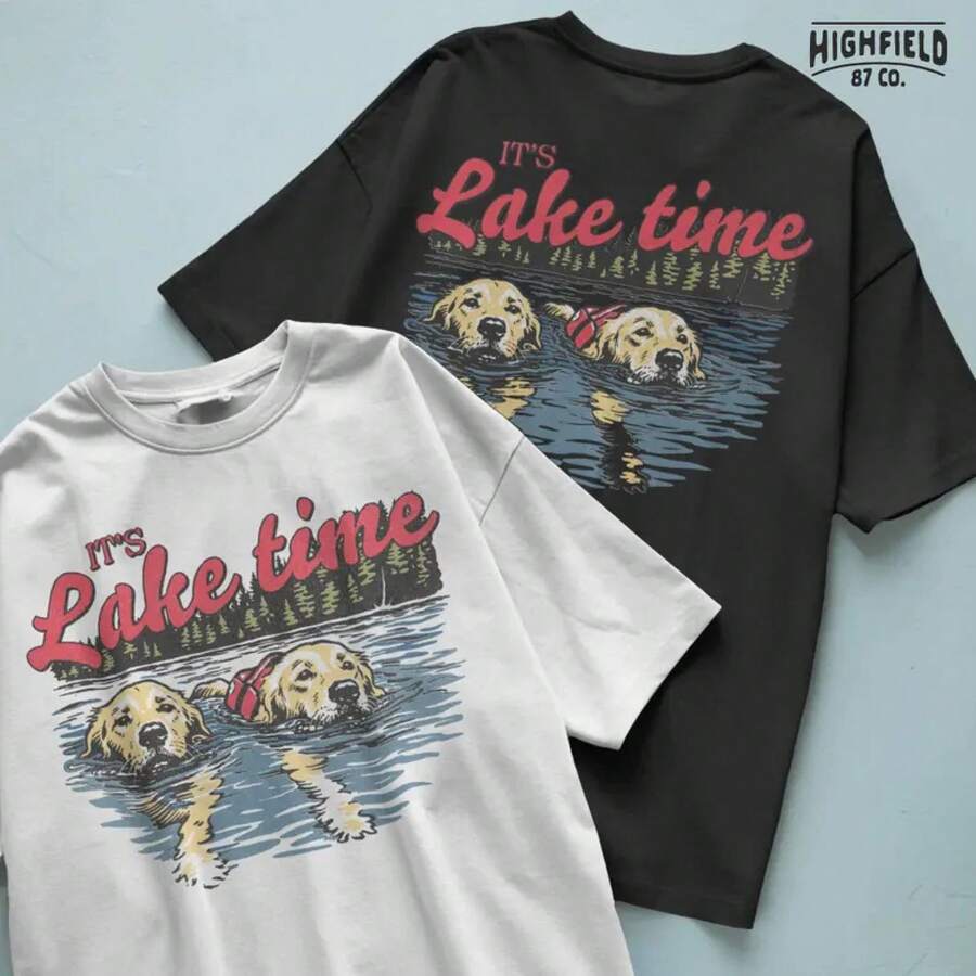 Lake Time, Labrador Summer, Hunting Dog Design, Funny Labrador Graphic At The Lake, Digital Download For Outdoor Dog Lovers - Hitam - View 1