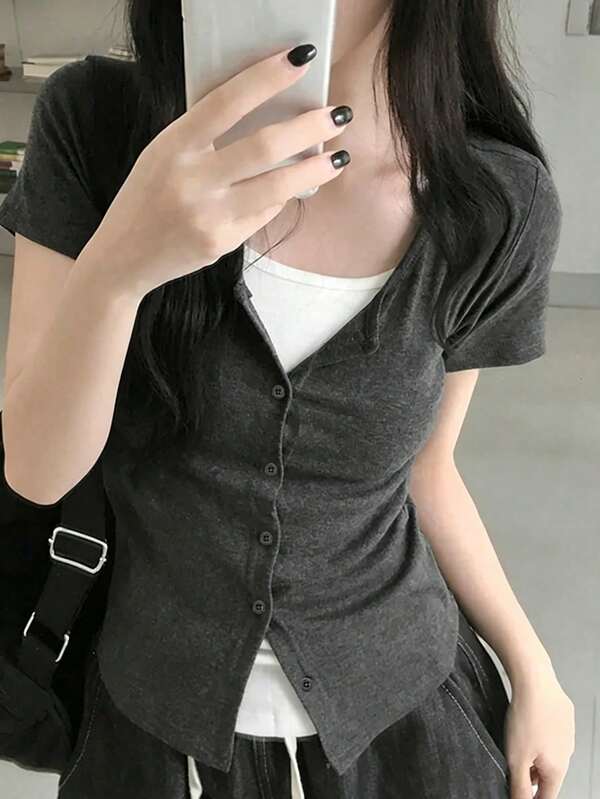 Korean Chic Contrast Color Round Neck 2 In 1 Short Sleeve T-Shirt, Retro College Style Fitted Top Casual Summer