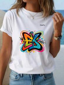 Limited Time Offer, Limited Quantity Available, Flash , Women's Shirts, Women's T-Shirts. Women's Oversized Black T-Shirt, Short Sleeve, Round Neck, Colorful Graffiti Letter Print, Casual Street Style For Everyday Wear - 白色 - 查看 10