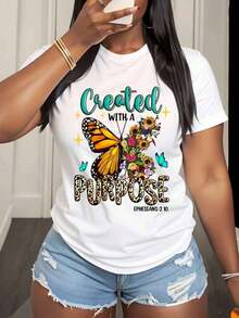Women's Cotton T-Shirts Created With A Purpose Butterfly Floral T-Shirt Christian Inspiration Ephesians 2 10 Women's Casual Top Summer Outfit Gift For Her, Basic Women's Blouses - 白色 - 查看 2