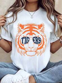 Women's Cotton T-Shirts With Tiger Face Print With Sunglasses, T-Shirt For Women And Men, College Team Spirit Clothing, Perfect For Game Day And Fan Events, Basic Women's Blouses. - 白色 - 查看 1