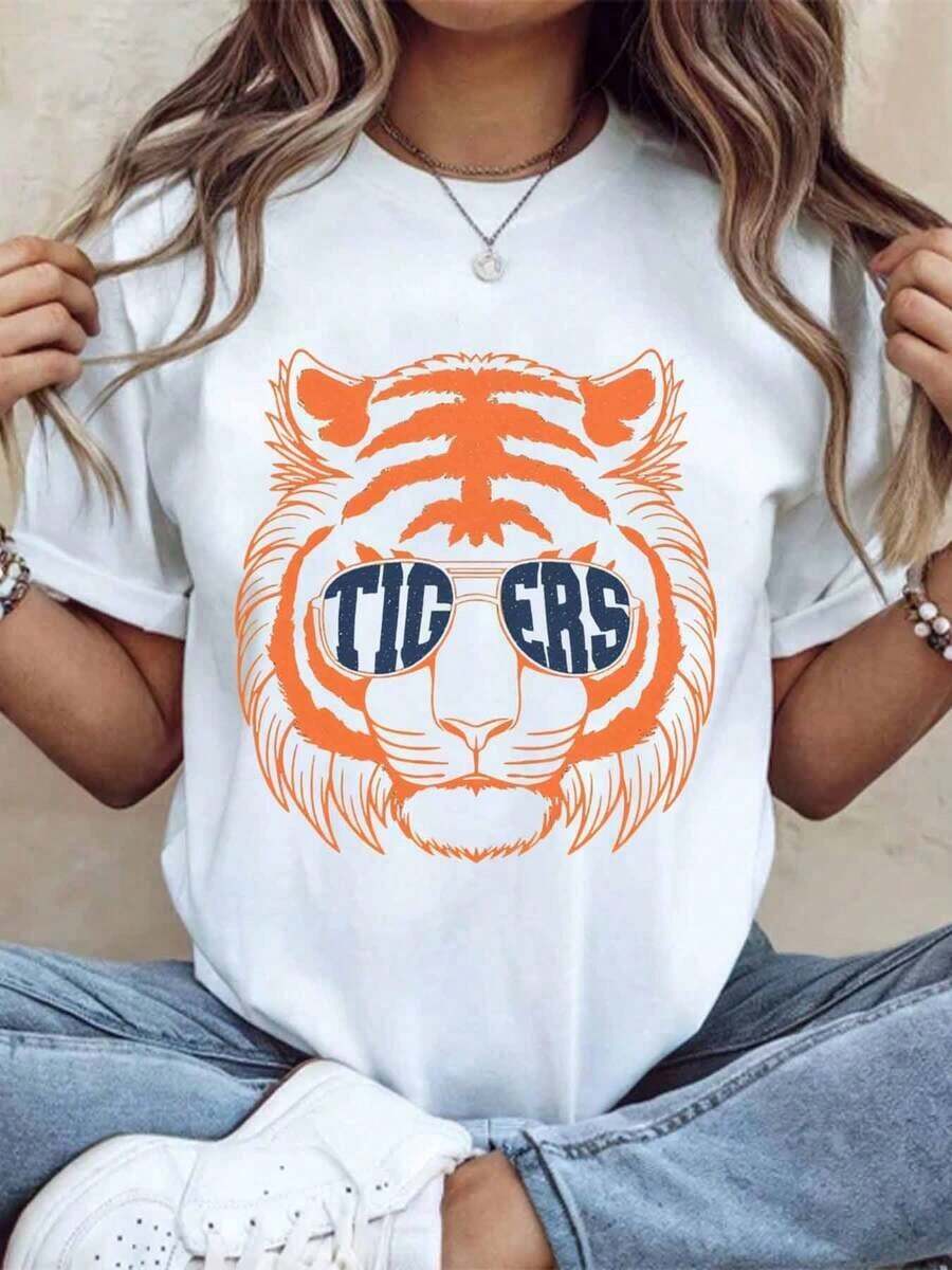 Women's Cotton T-Shirts With Tiger Face Print With Sunglasses, T-Shirt For Women And Men, College Team Spirit Clothing, Perfect For Game Day And Fan Events, Basic Women's Blouses. - 白色 - 查看 1