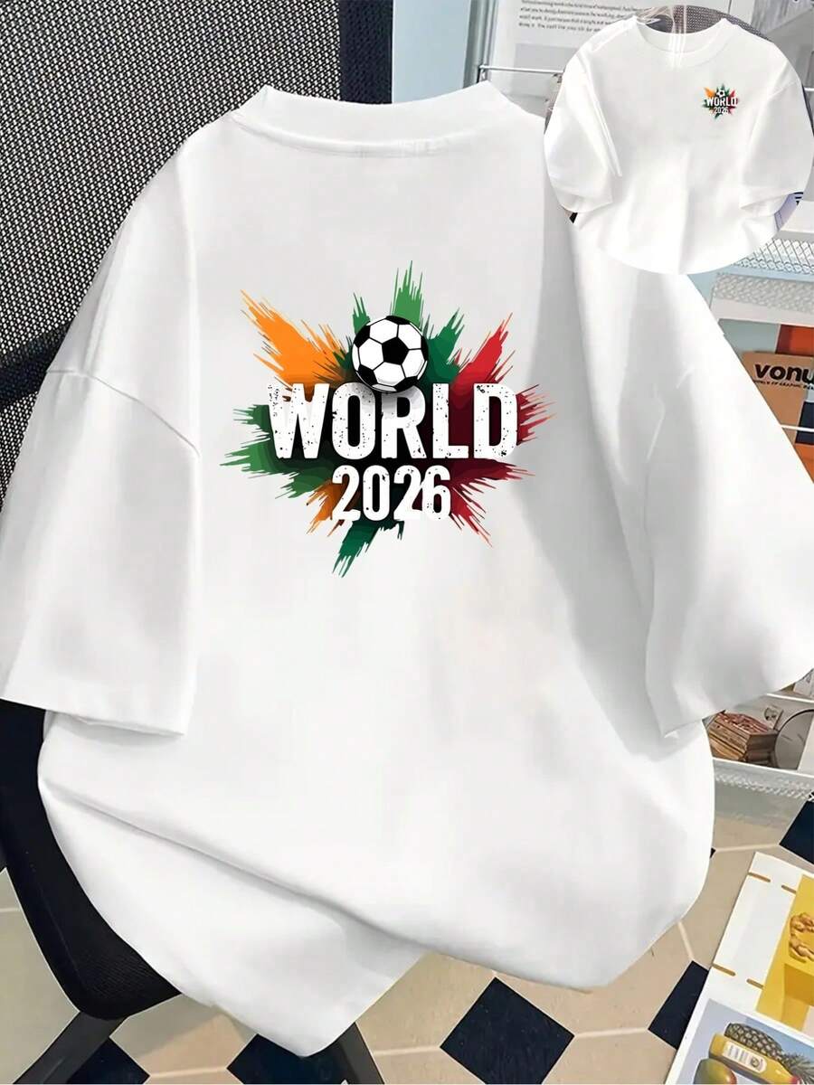 New 180g Short-Sleeved T-Shirt, 1% Cotton, With Front And Back Prints - 2026, Fashionable Printed T-Shirt For Women With A Football Theme, Your Best Choice! - Suitable For Layering In Spring And Autumn, And For Wearing Alone In Summer, Unisex Style. - White - View 1