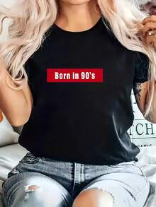 Plus Size Women's Casual Sports T-Shirt With "Born In 90's" Letter Print, Comfortable Fit Short Sleeve T-Shirt, Stylish And Breathable Casual Blouse For Women. - 黑色 - 查看 7