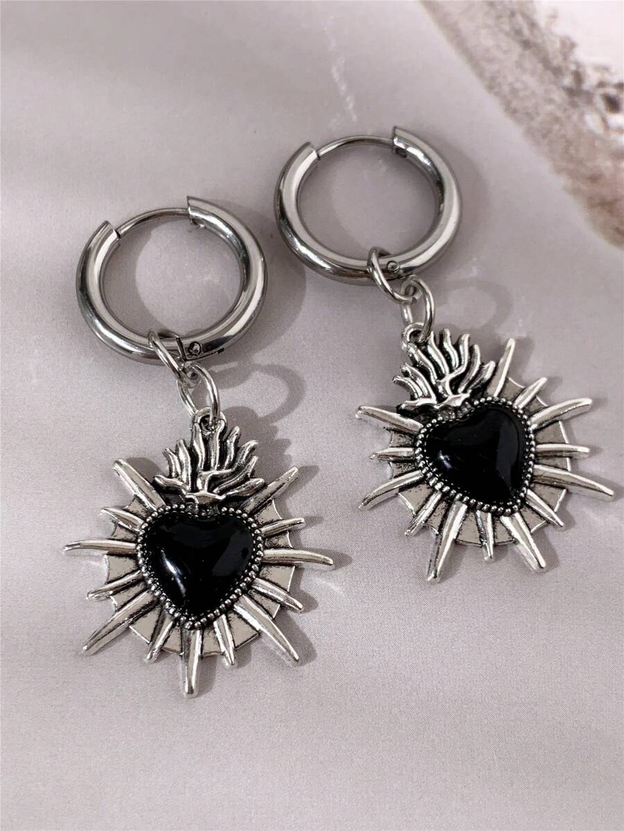 1 Pair Gothic Punk Style Vintage Black Heart-Shaped Earrings, Thorn Heart Design, Suitable For Women, Valentine's Day, Mother's Day, Halloween Gift, Unisex