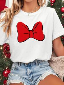 Women's T-Shirt With Red Bow - White Short Sleeve Round Neck Blouse, Christmas Party Theme Design, Suitable For Casual Daily Wear And Fan Outfits - Unique Style Machine Washable T-Shirt - 黑色 - 查看 6