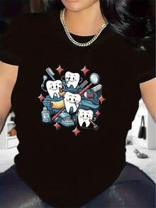 FashionNEW Polyester T-Shirt With Fun Dental Design, Suitable For Both Clinics And Home Use, Durable And Comfortable, An Ideal Gift For Dentists And Dental Hygienists, Lightweight And Breathable Fabric - Unisex Short-Sleeved T-Shirt, Round Neck, Urban Vintage Style. - 黑色 - 查看 2