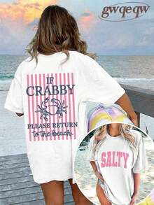New 2026 Collection: Women's Cotton T-Shirt With Graphic Print 'If You're Grumpy, Please Go Back To The Beach'. Double-Sided T-Shirt, Casual Style, One Size Fits Most, For Summer. | Summer Clothes | Short-Sleeve Vacation T-Shirt / Short-Sleeve T-Shirt - 白色 - 查看 8