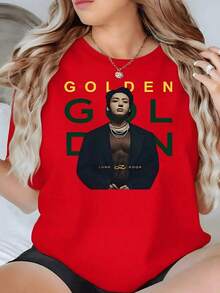 100% Cotton. Artistic Figure With Gold And Green Lettering Evoking Luxury And Strength Combined With An Elegant Minimalist Portrait. Women's 100% Cotton 220g T-Shirt. Women's Simple Solid Color T-Shirt, Loose And Slim Fit Casual Short Sleeve - 紅色的 - 查看 1